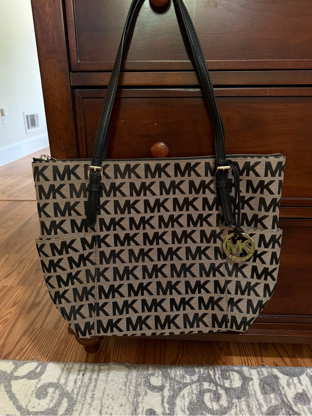 Michael Kors Black Logo Beige Canvas Tote with Gold Charm